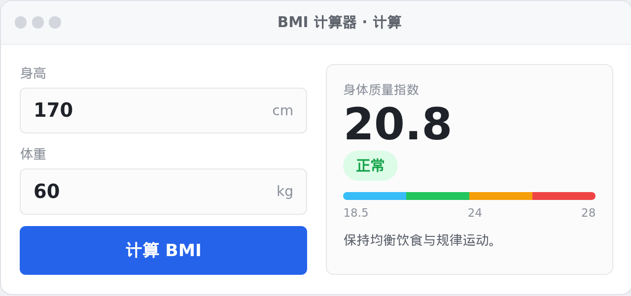 BMI 计算器 Windows 桌面版界面